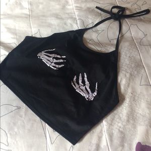 Black Cropped Skeleton Hands Halter Top